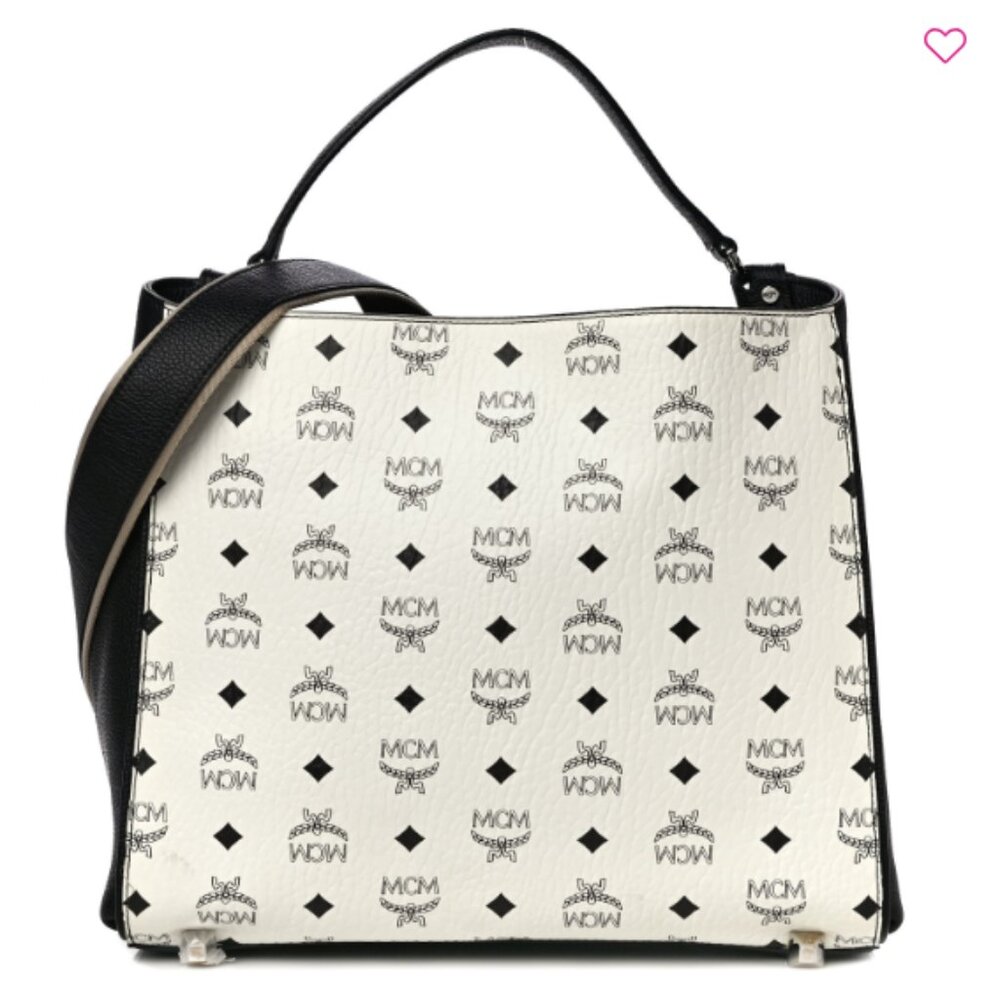 MCM Visetos White Black Leather Corina Tote Shoulder Crossbody Bag